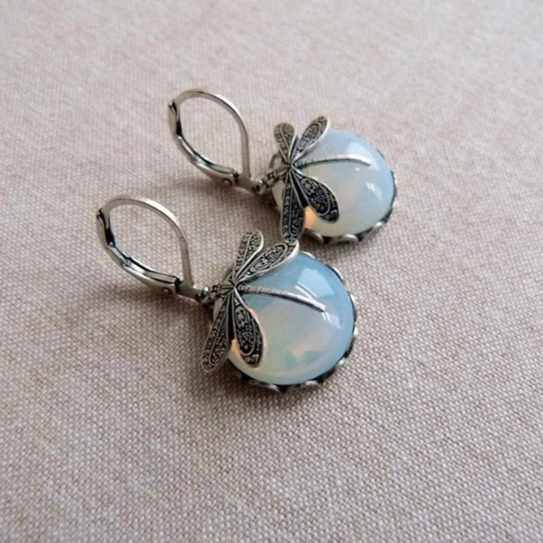 Dragonfly Earrings in Silver with White Crystal