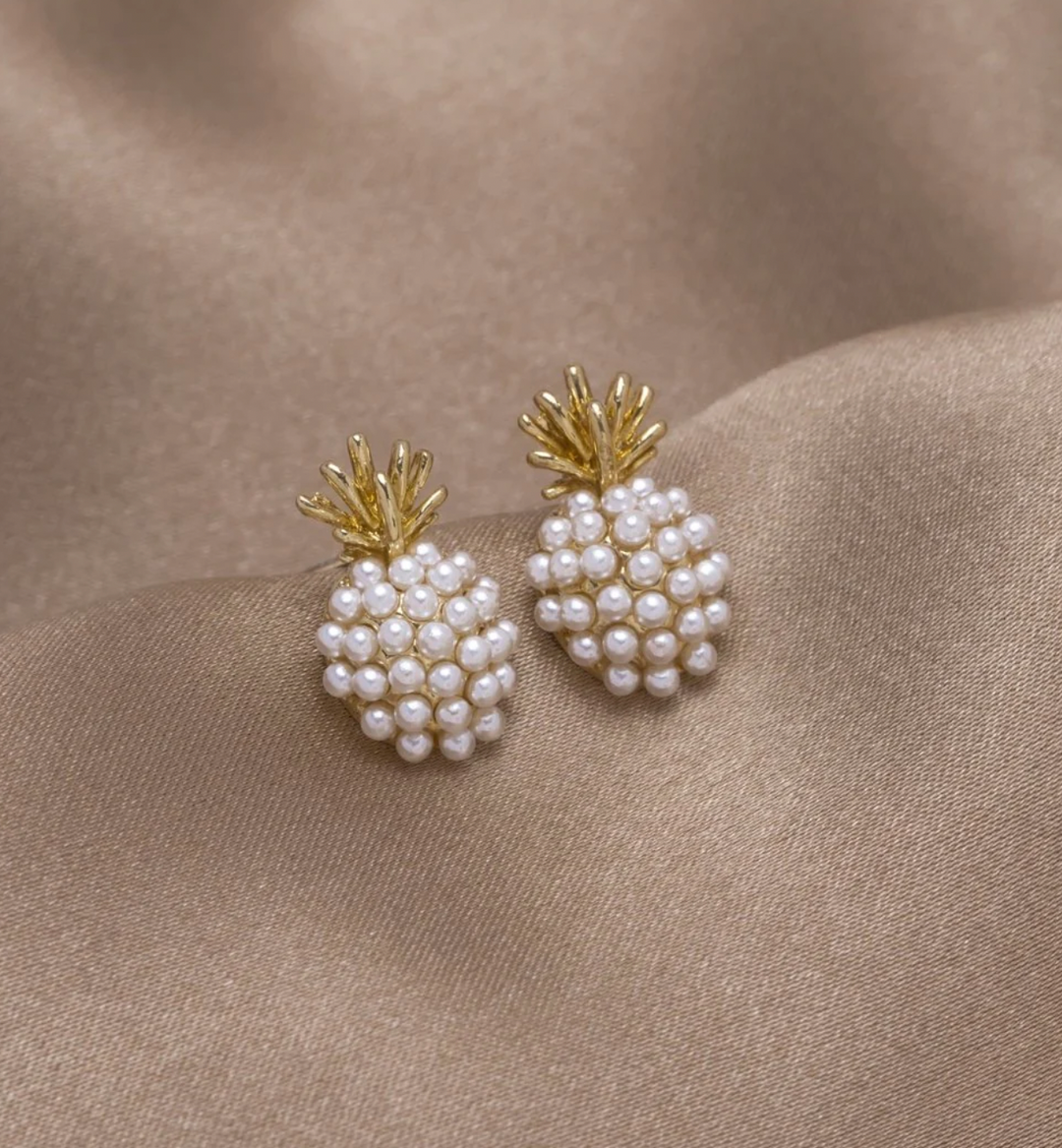 Tropical Pineapple Earrings with Embedded Pearls