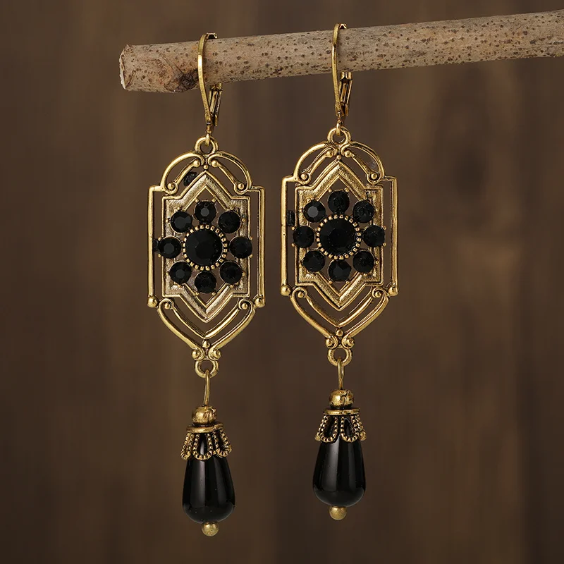 Vintage Earrings with Dangling Black Crystals