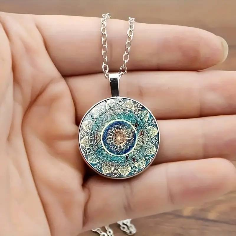 Vintage Mandala Necklace, Round, Blue